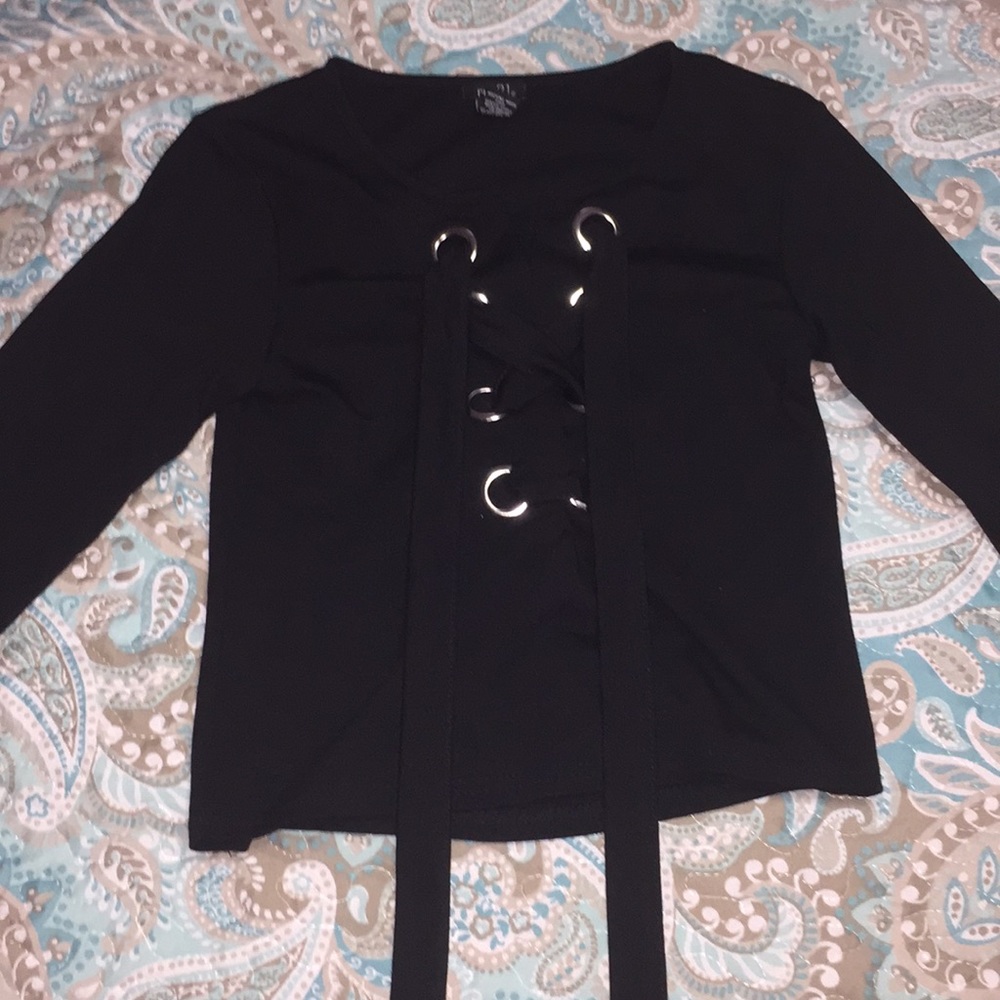 long sleeve black tie up shirt